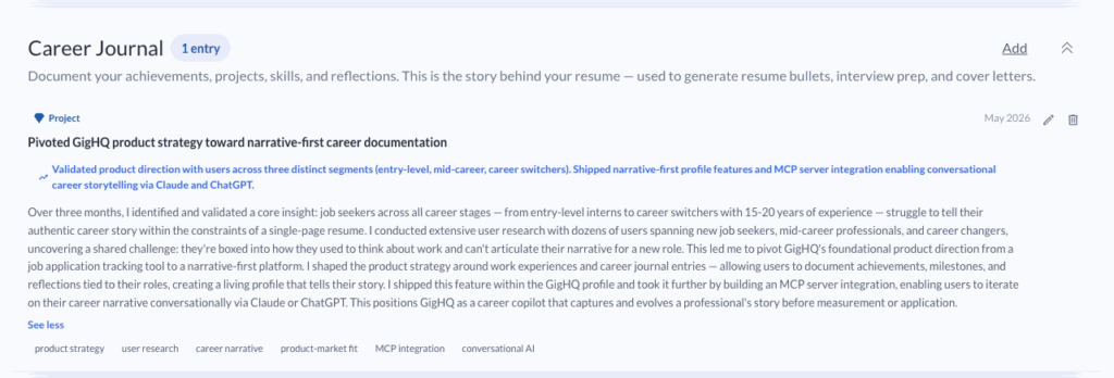 GigHQ.ai - User Profile - Career Journal