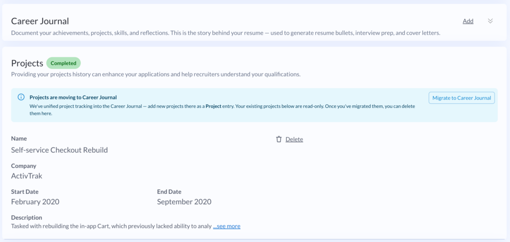 GigHQ.ai User Profile - Migrating from Projects to Career Journal Entries